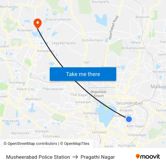 Musheerabad Police Station to Pragathi Nagar map