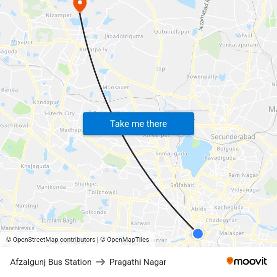 Afzalgunj Bus Station to Pragathi Nagar map