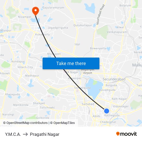 Y.M.C.A. to Pragathi Nagar map