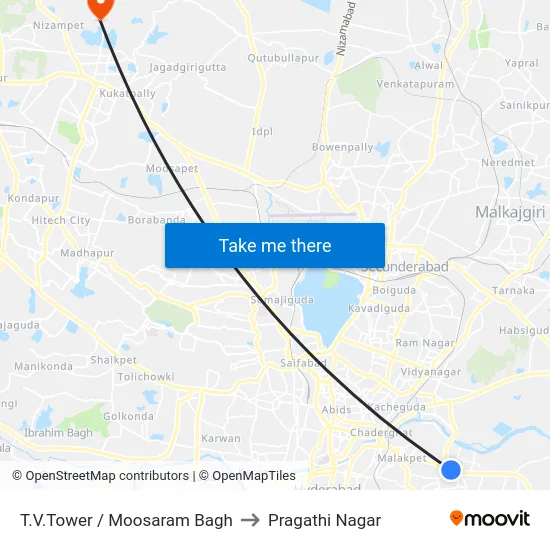 T.V.Tower / Moosaram Bagh to Pragathi Nagar map