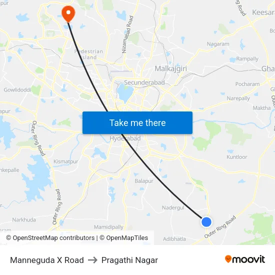 Manneguda X Road to Pragathi Nagar map