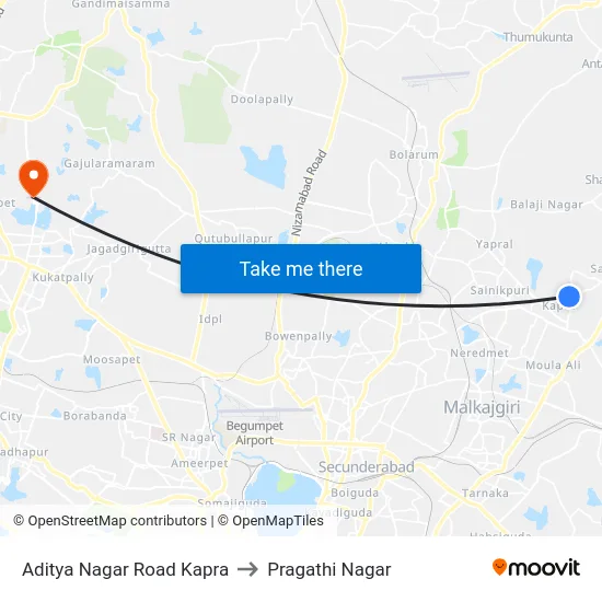 Aditya Nagar Road Kapra to Pragathi Nagar map