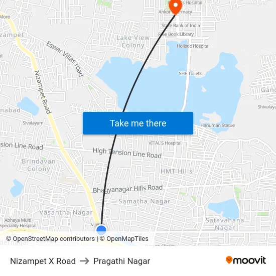 Nizampet X Road to Pragathi Nagar map