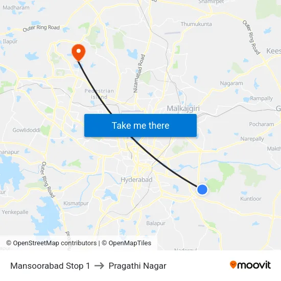 Mansoorabad Stop 1 to Pragathi Nagar map