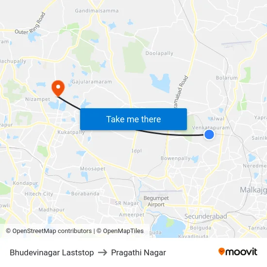 Bhudevinagar Laststop to Pragathi Nagar map