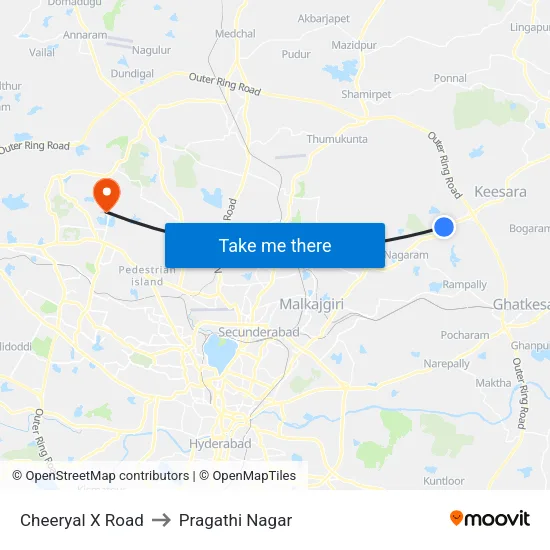 Cheeryal X Road to Pragathi Nagar map