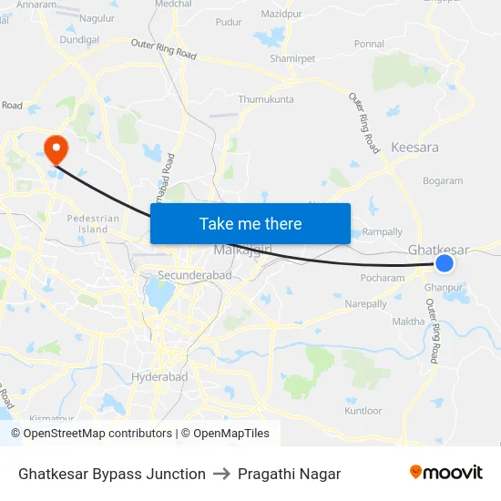 Ghatkesar Bypass Junction to Pragathi Nagar map