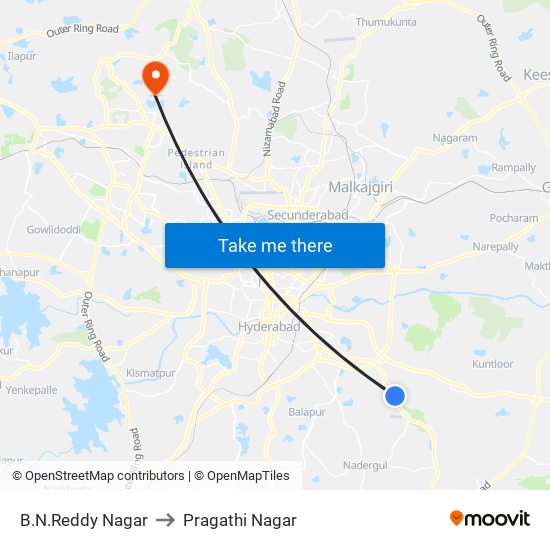 B.N.Reddy Nagar to Pragathi Nagar map
