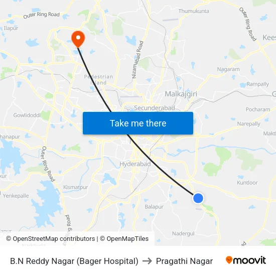 B.N Reddy Nagar (Bager Hospital) to Pragathi Nagar map