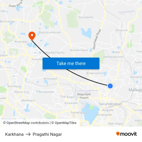 Karkhana to Pragathi Nagar map