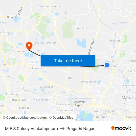 M.E.S Colony Venkatapuram to Pragathi Nagar map