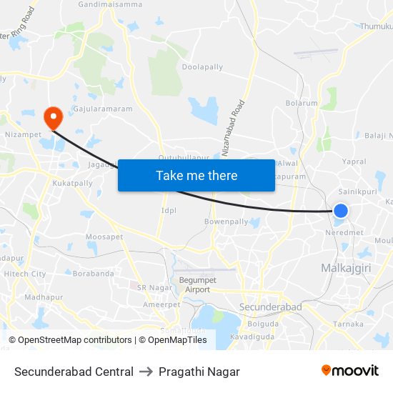 Secunderabad Central to Pragathi Nagar map