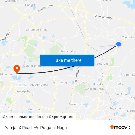 Yamjal X Road to Pragathi Nagar map