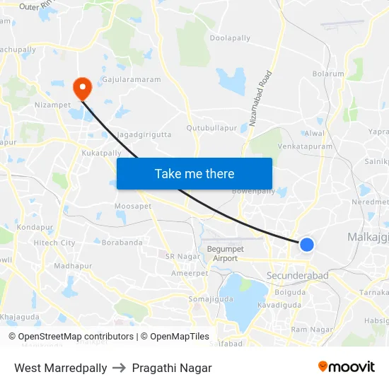 West Marredpally to Pragathi Nagar map
