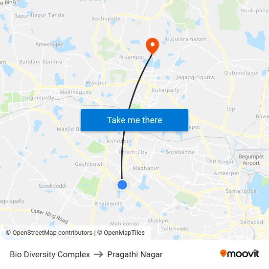 Bio Diversity Complex to Pragathi Nagar map
