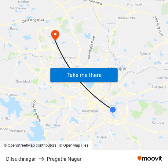 Dilsukhnagar to Pragathi Nagar map