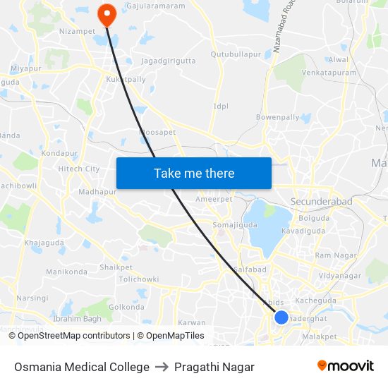 Osmania Medical College to Pragathi Nagar map