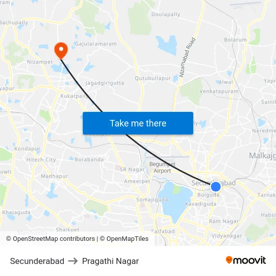 Secunderabad to Pragathi Nagar map