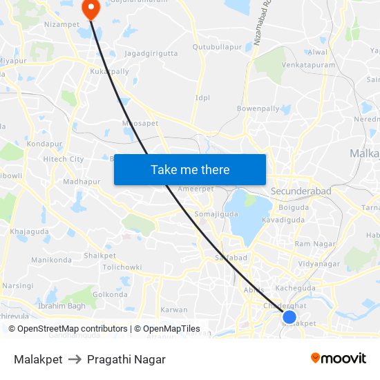 Malakpet to Pragathi Nagar map