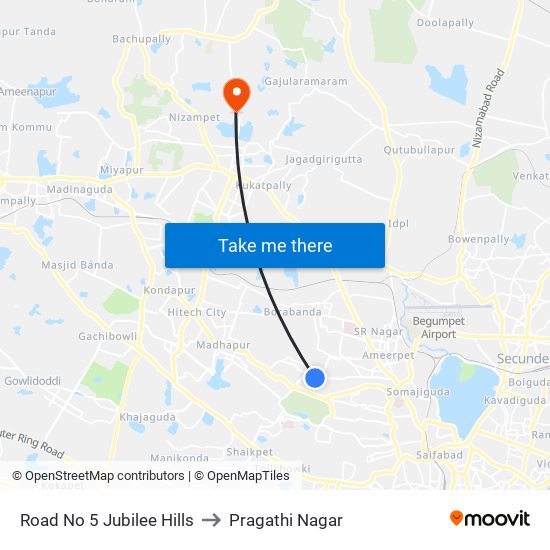 Road No 5 Jubilee Hills to Pragathi Nagar map