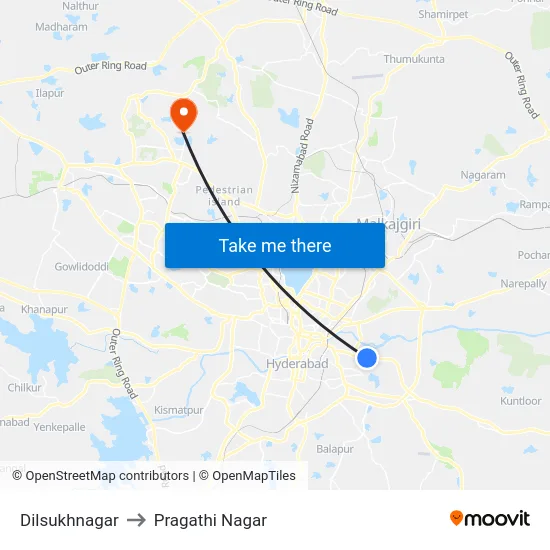 Dilsukhnagar to Pragathi Nagar map