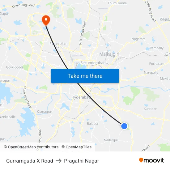 Gurramguda X Road to Pragathi Nagar map