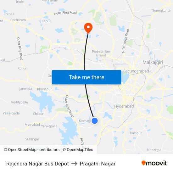 Rajendra Nagar Bus Depot to Pragathi Nagar map