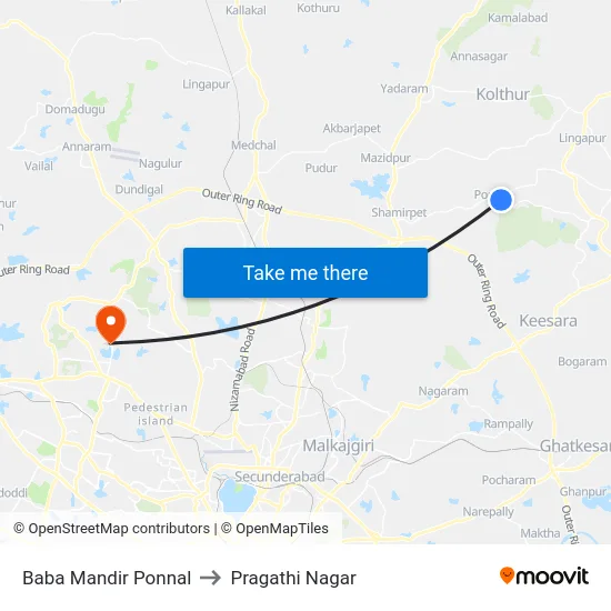 Baba Mandir Ponnal to Pragathi Nagar map