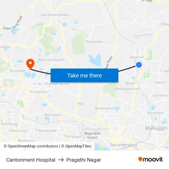 Cantonment Hospital to Pragathi Nagar map