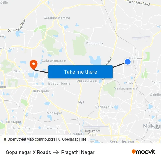Gopalnagar X Roads to Pragathi Nagar map