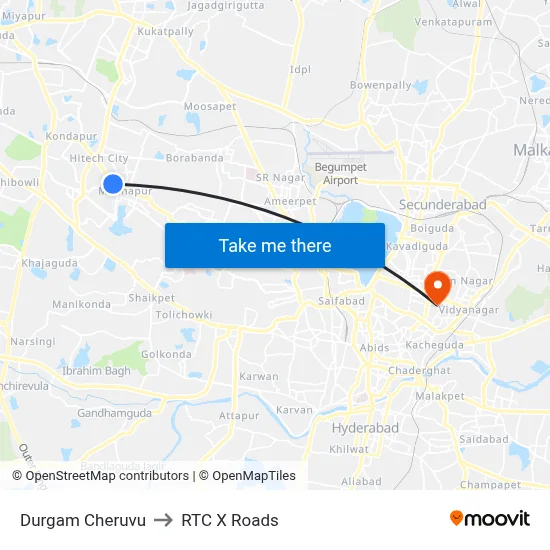 Durgam Cheruvu to RTC X Roads map