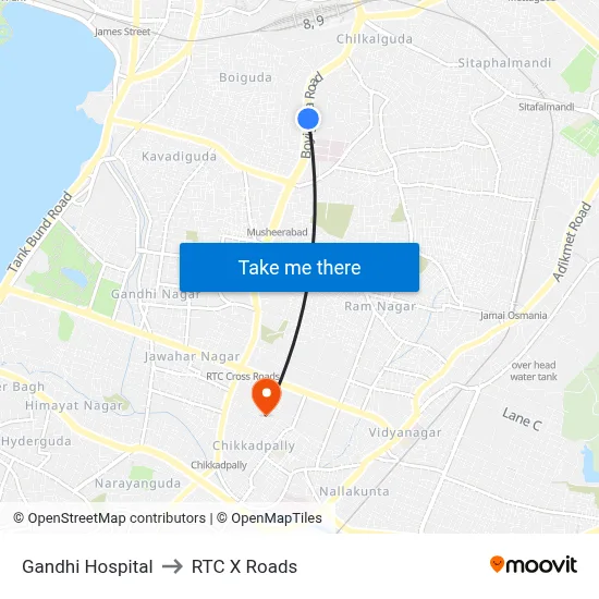 Gandhi Hospital to RTC X Roads map