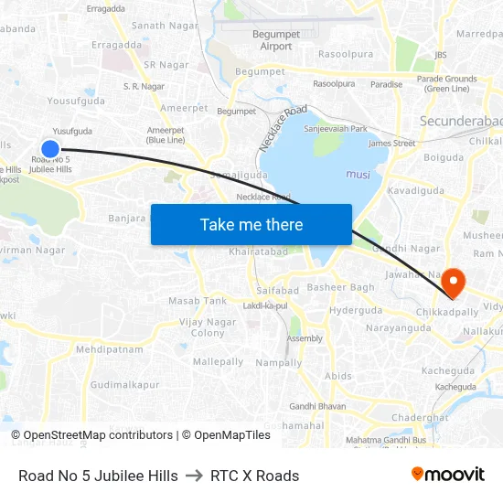 Road No 5 Jubilee Hills to RTC X Roads map