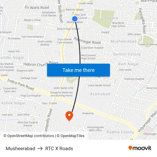 Musheerabad to RTC X Roads map