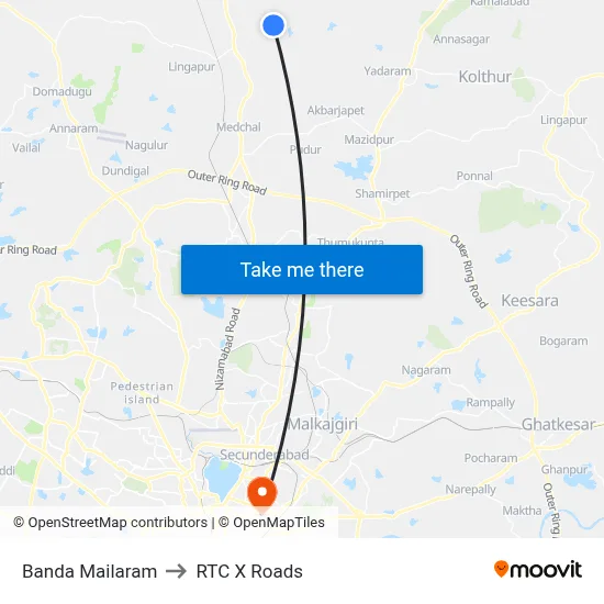 Banda Mailaram to RTC X Roads map