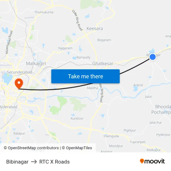 Bibinagar to RTC X Roads map
