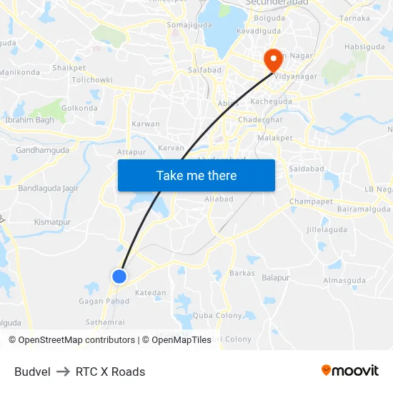 Budvel to RTC X Roads map