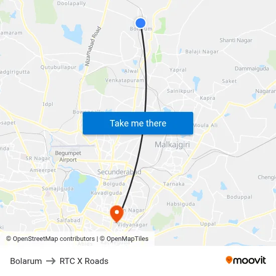 Bolarum to RTC X Roads map