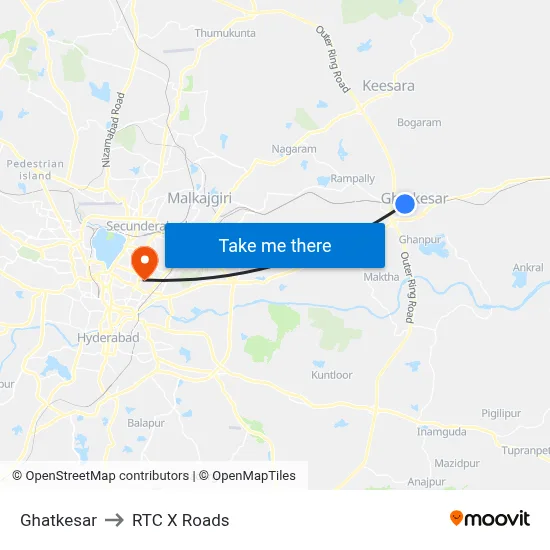 Ghatkesar to RTC X Roads map