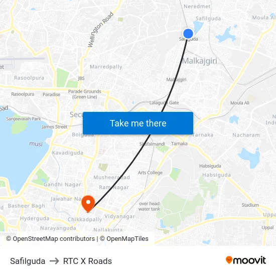 Safilguda to RTC X Roads map