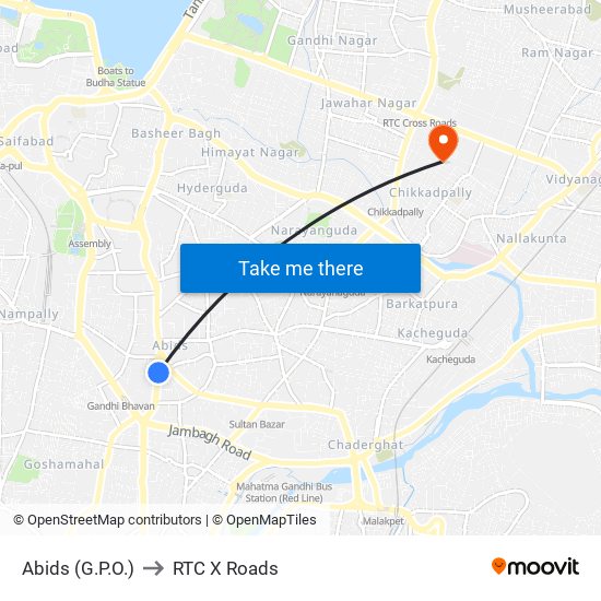 Abids (G.P.O.) to RTC X Roads map