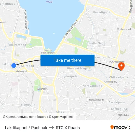 Lakdikapool / Pushpak to RTC X Roads map