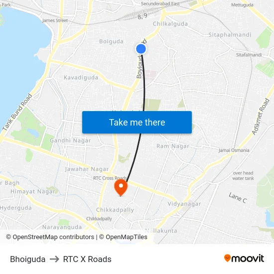 Bhoiguda to RTC X Roads map