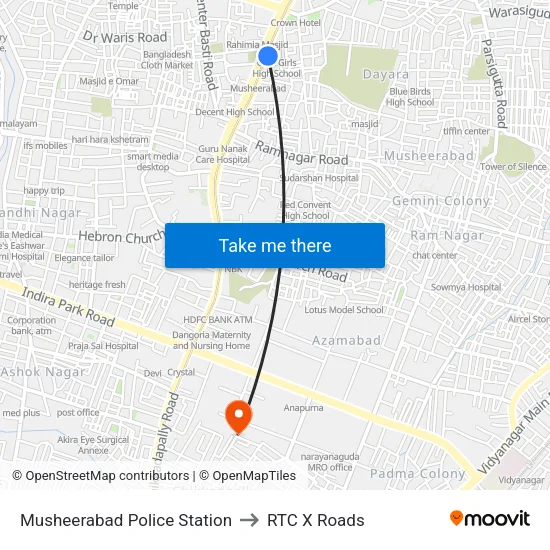 Musheerabad Police Station to RTC X Roads map