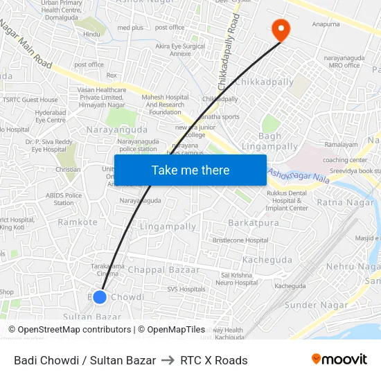 Badi Chowdi / Sultan Bazar to RTC X Roads map