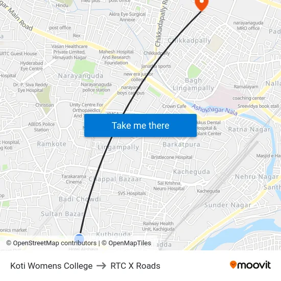 Koti Womens College to RTC X Roads map