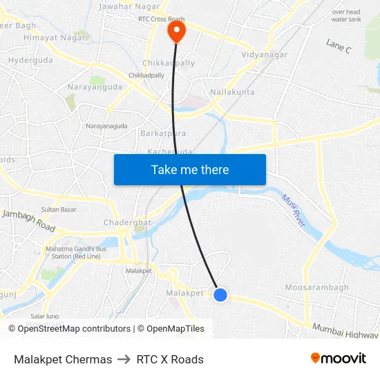 Malakpet Chermas to RTC X Roads map
