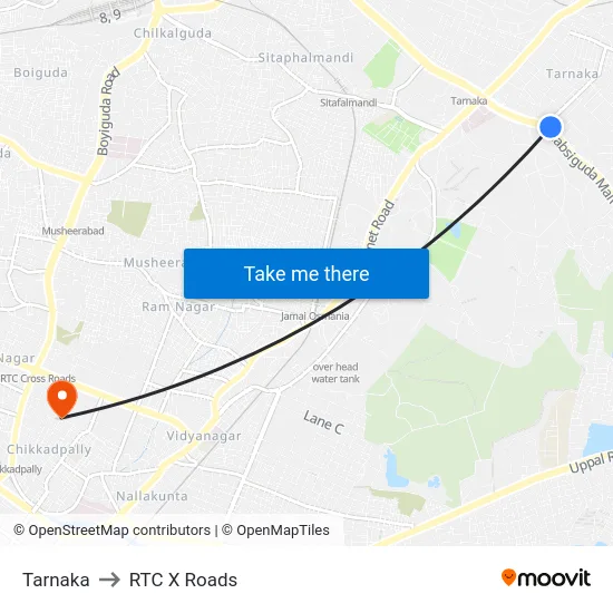 Tarnaka to RTC X Roads map