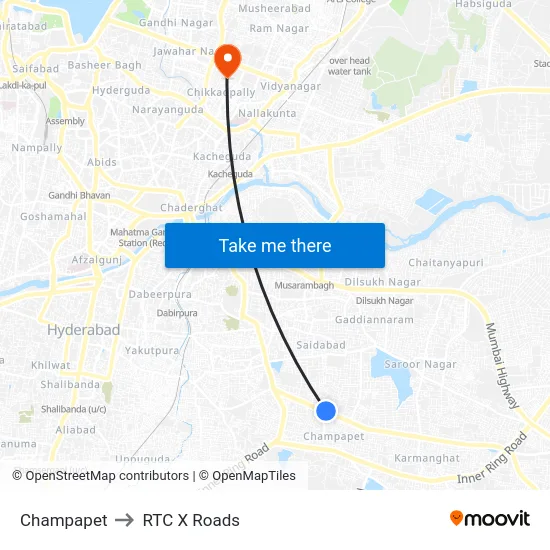Champapet to RTC X Roads map