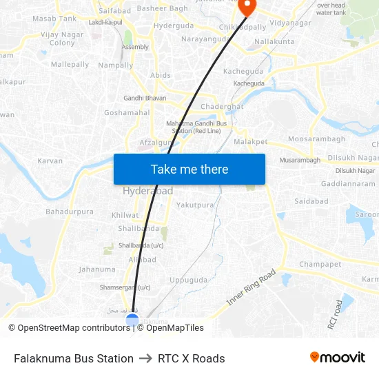 Falaknuma Bus Station to RTC X Roads map